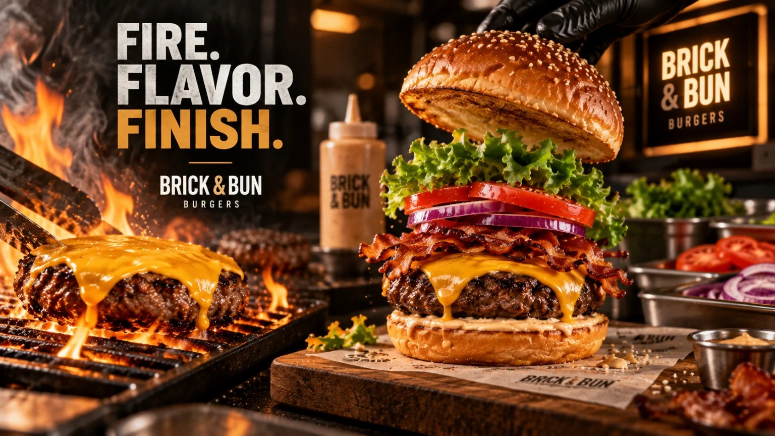 A cheeseburger beside flames and a grill in a dark Brick & Bun restaurant scene.
