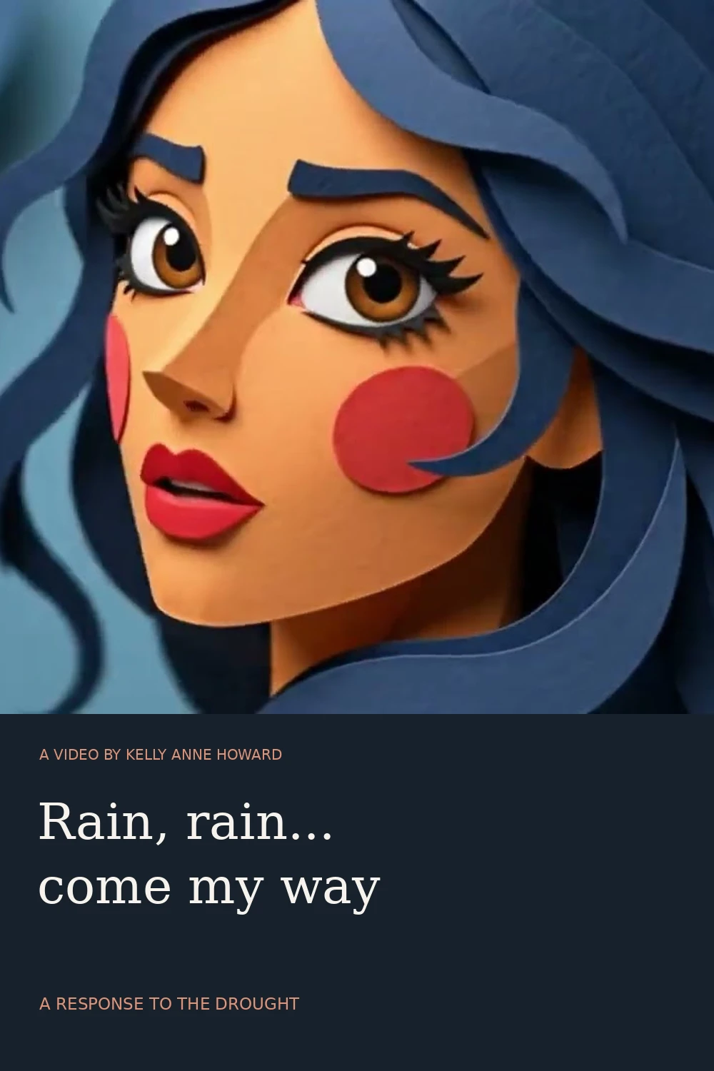 Paper-like animated character with blue hair, warm amber skin and red cheeks