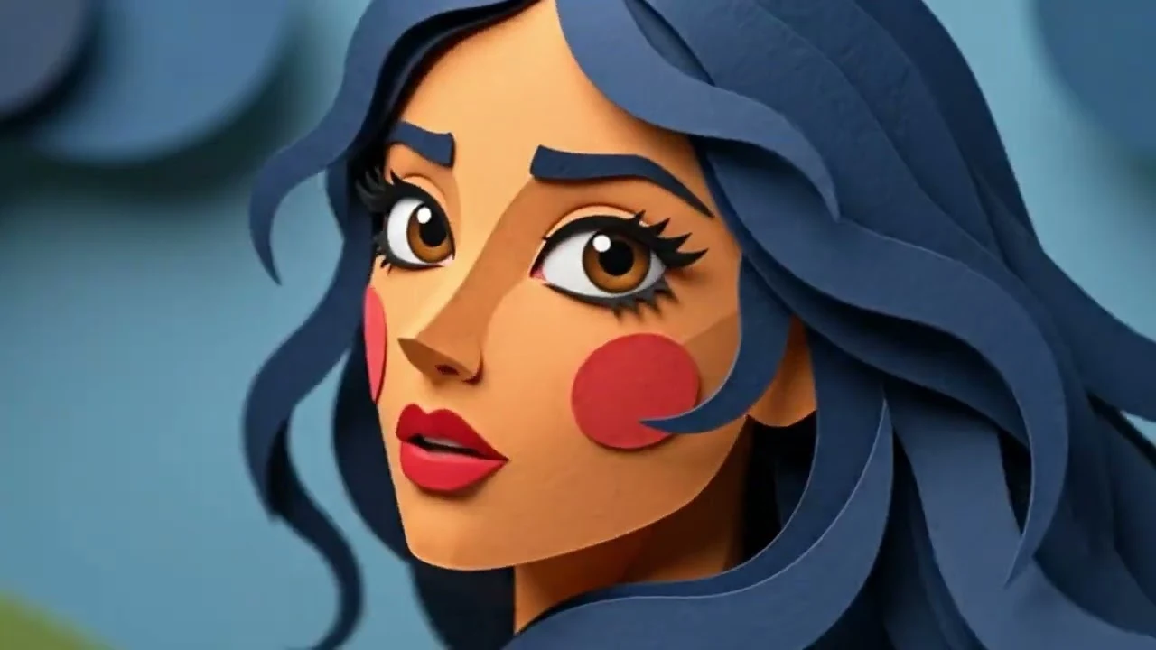Paper-like animated character with blue hair, warm amber skin and red cheeks