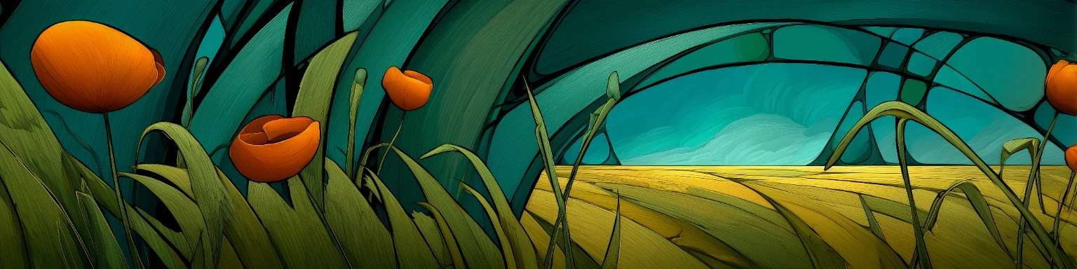 Orange flowers against flowing teal and green fields