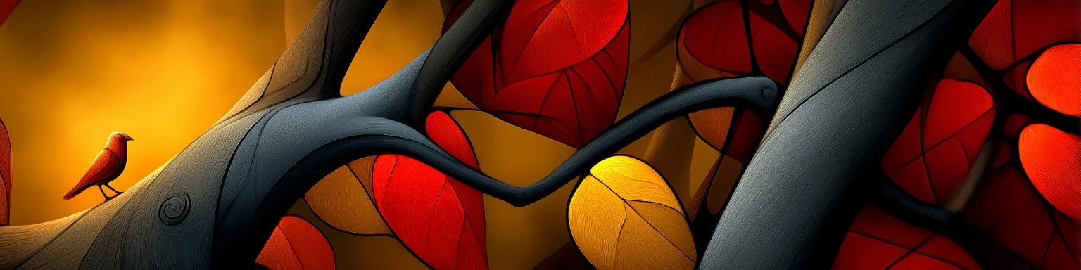 A small bird among sculptural charcoal branches and vivid red and golden leaves