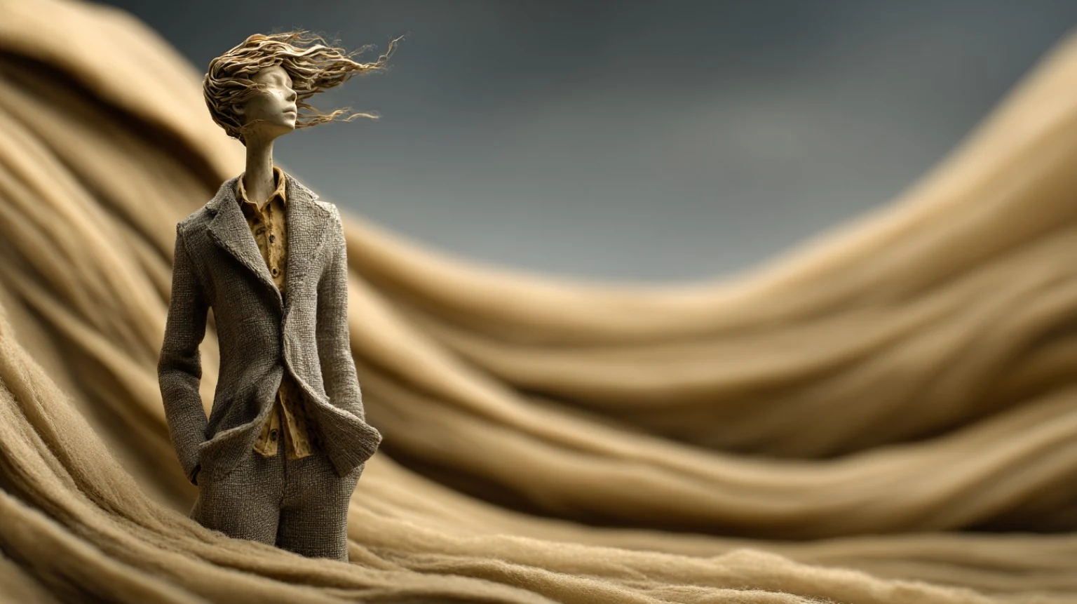 A sculptural figure surrounded by flowing fabric-like hills