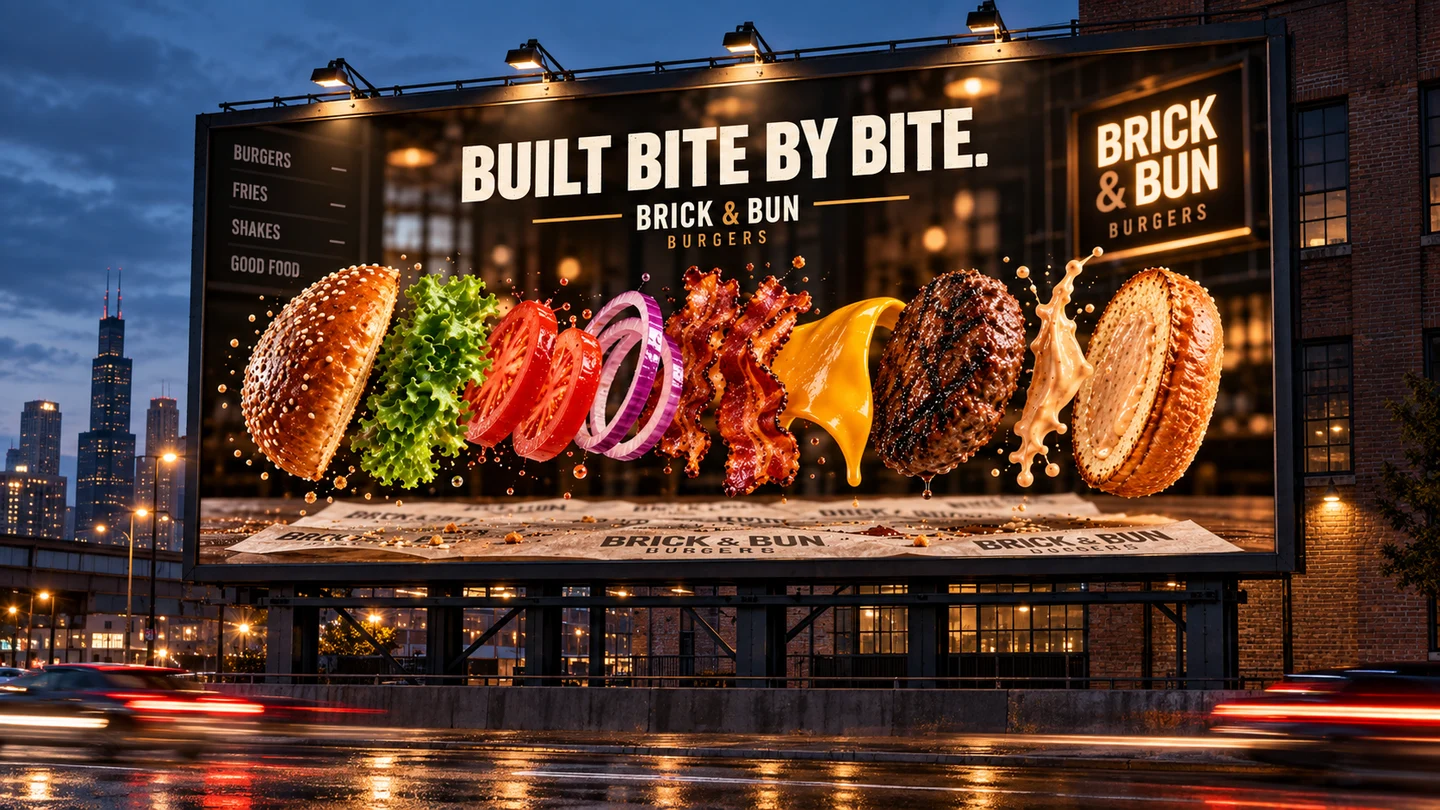 Brick & Bun concept advertisement displayed on a billboard