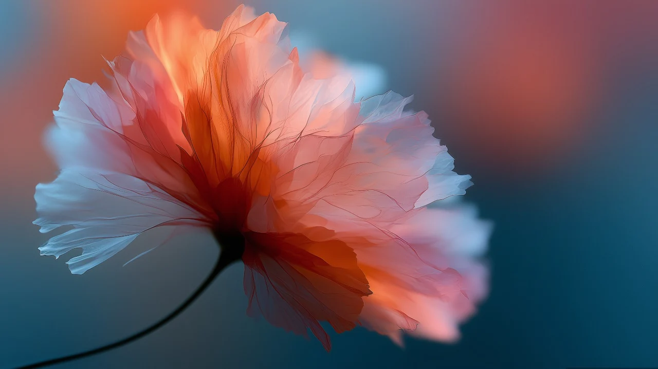 Coral petals and atmospheric blue tones