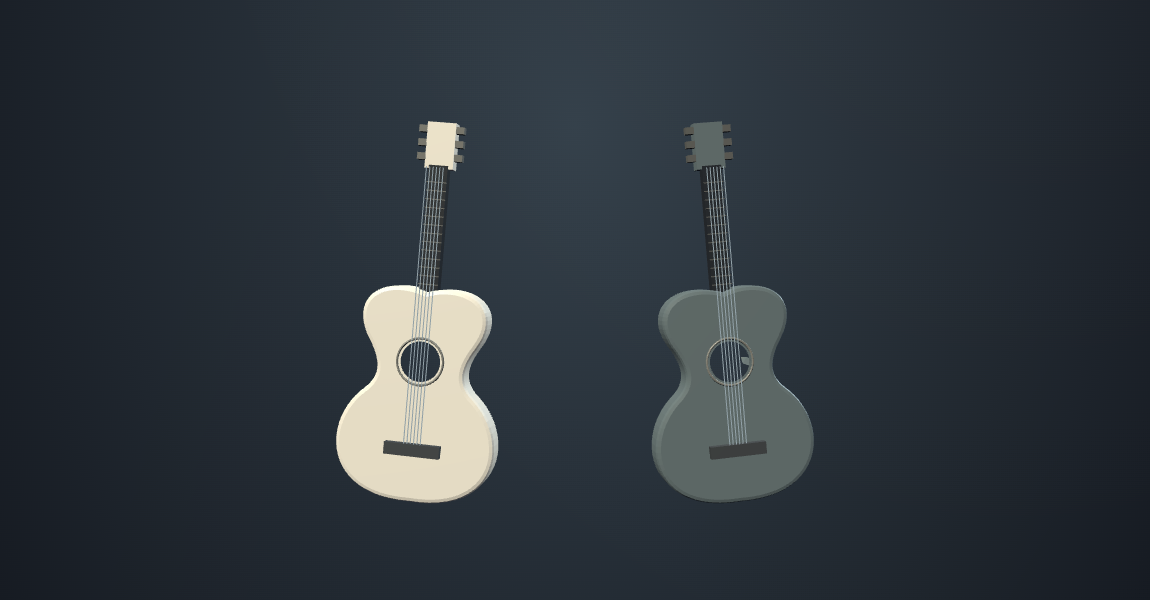 Two stylized acoustic guitars facing forward, with a path between them representing sound travelling through air